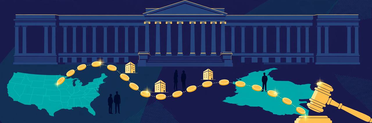 Editorial illustration of a New York federal courthouse with a stylised chain of digital coin tokens flowing through shell-company buildings on a route from the United States to Colombia, ending at a gavel