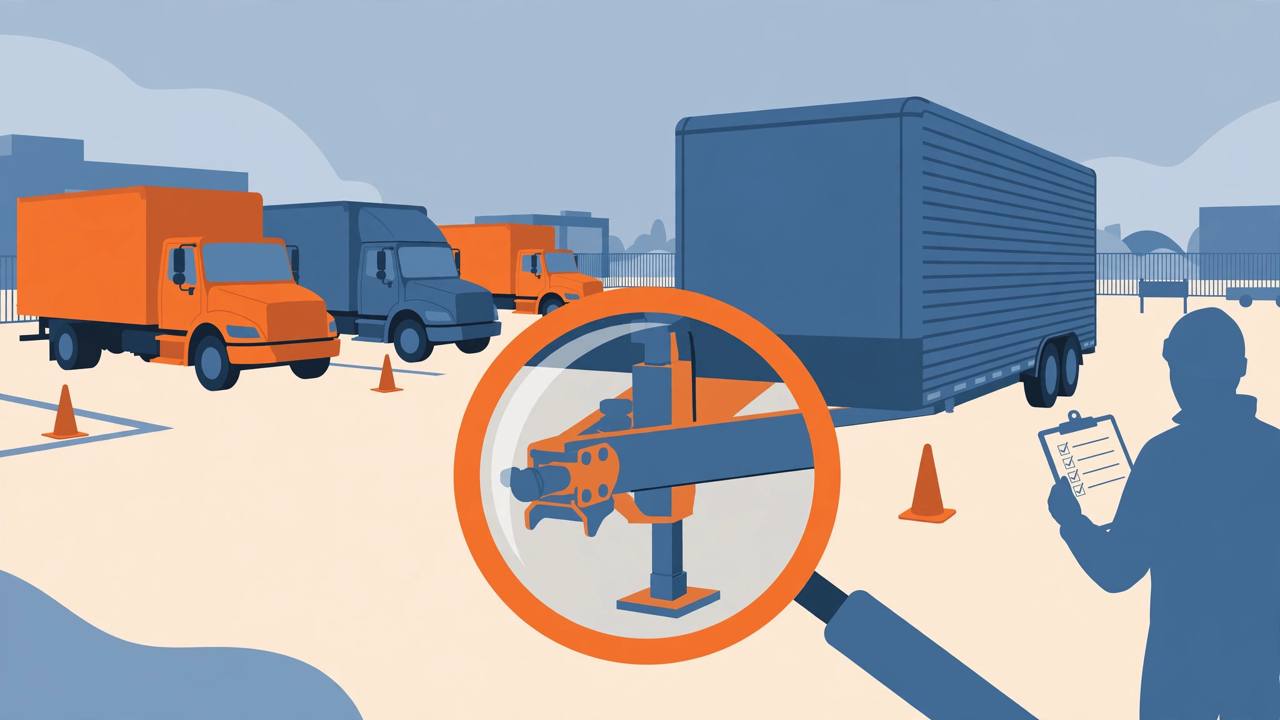 Editorial illustration of three commercial trucks and a dry van trailer in an inspection yard with a magnifying glass over a trailer coupling kingpin, flat style, no real person depicted