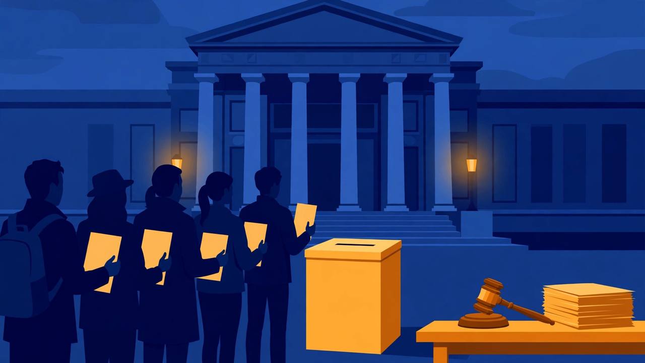 Editorial illustration of voters holding blank ballots in front of a federal courthouse, with a ballot box and a judge's gavel beside legal papers