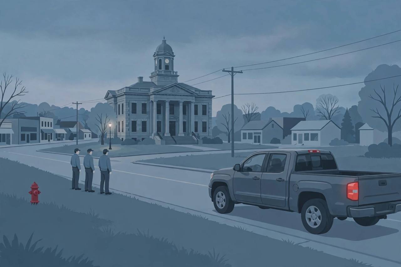Editorial illustration: a pickup truck stopped at the roadside near a small-town courthouse in New Jersey at dusk, generic figures only, no real person's likeness