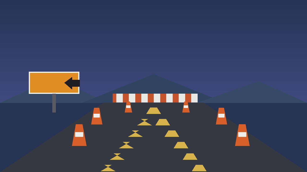 Editorial illustration of a closed interstate highway at dusk with detour cones and a barrier, flat style, no vehicles or people depicted