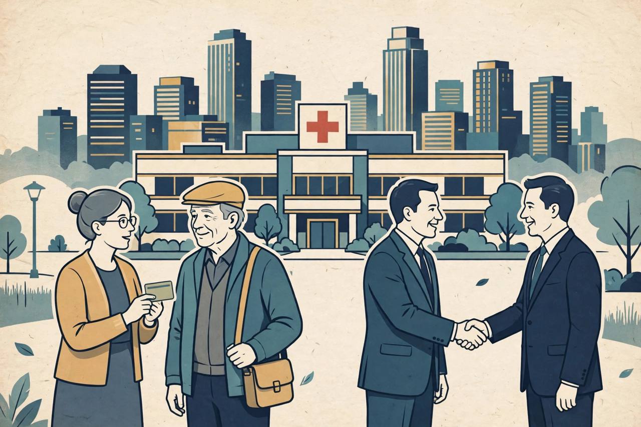 Editorial illustration of a generic hospital building with a red cross in front of a Raleigh skyline, a generic teacher holding a health insurance card beside a generic retired state worker, and two generic officials shaking hands, flat muted navy teal and gold newspaper style