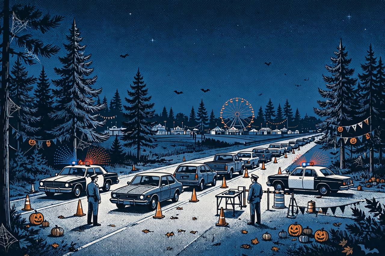 Editorial illustration of a nighttime North Carolina highway sobriety checkpoint with patrol cars, cones and a line of vehicles
