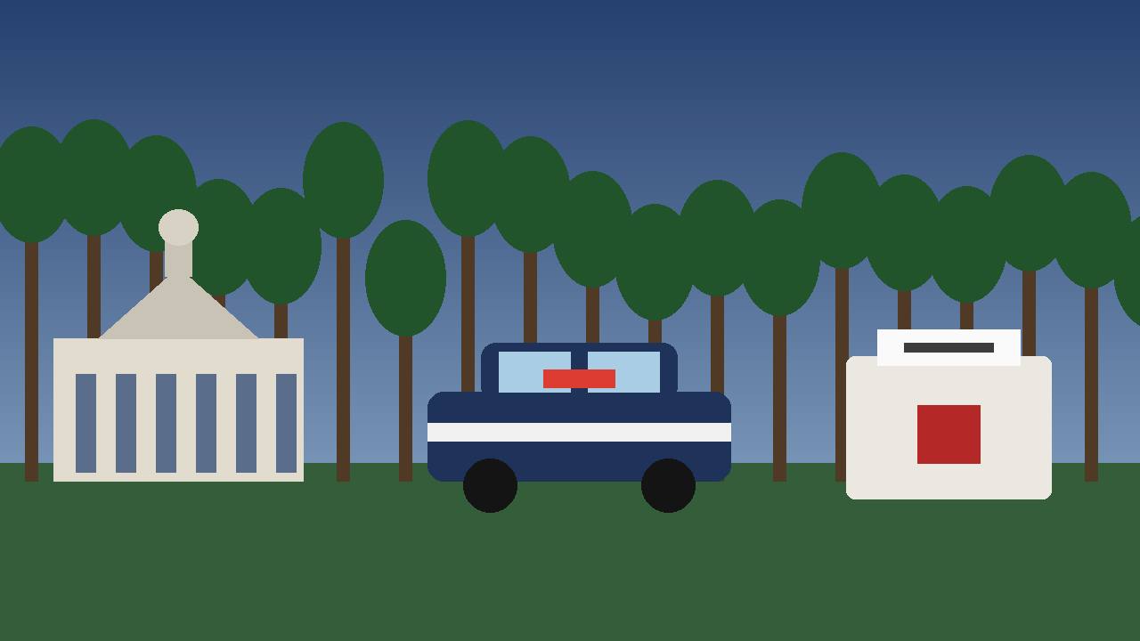 Editorial illustration of a generic police car near woods, a state capitol building and a ballot box, flat style, no real person depicted