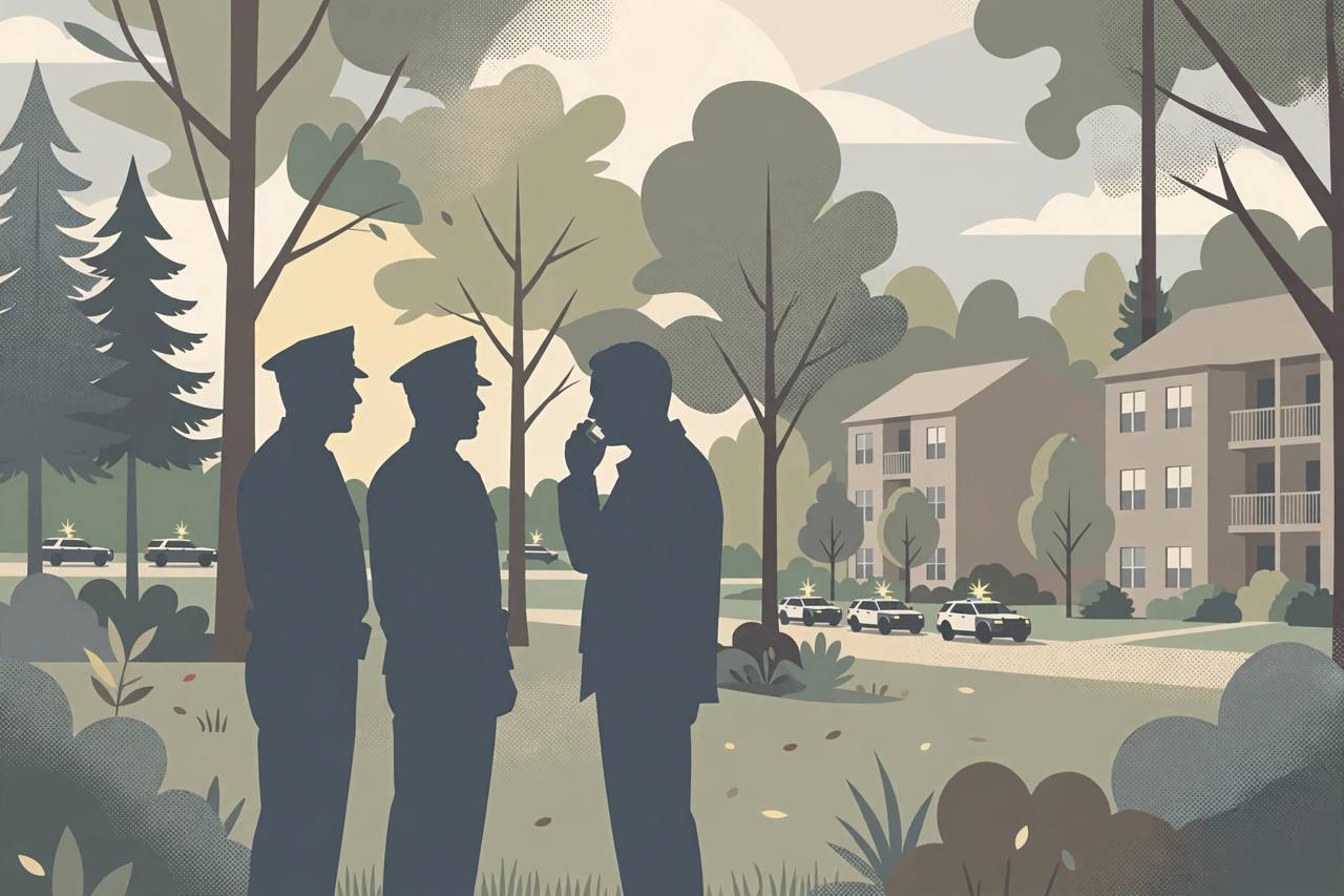 Editorial illustration of generic police officers and a negotiator near wooded ground beside suburban apartments in North Carolina, flat style, no real person depicted, no text