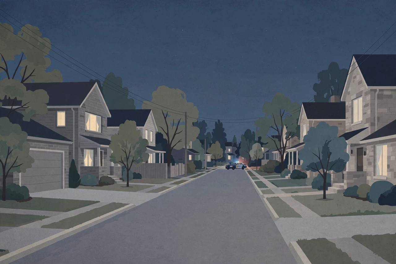 Editorial illustration of a quiet residential street in Charlotte's University City area at night with a distant patrol car; no incident is depicted