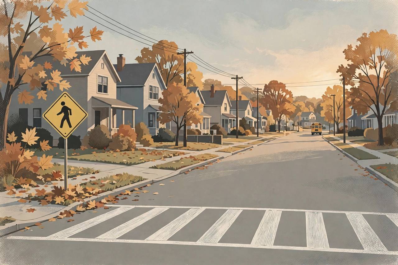 Editorial illustration of a quiet residential street in Charlotte with a school crossing sign, an empty crosswalk and a school bus in the far distance, flat style, no people and no incident depicted
