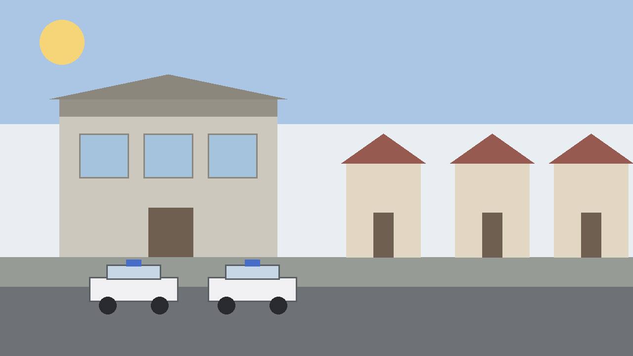 Editorial illustration of a generic bank building and a generic residential street with unmarked police cars, flat style, no text, no logos, no real place or person depicted