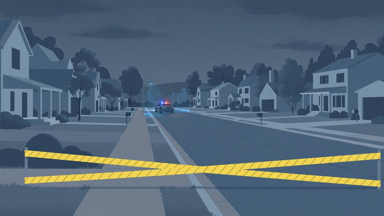 Editorial illustration of a quiet Charlotte residential street at night with a police car in the distance, flat style, no person depicted