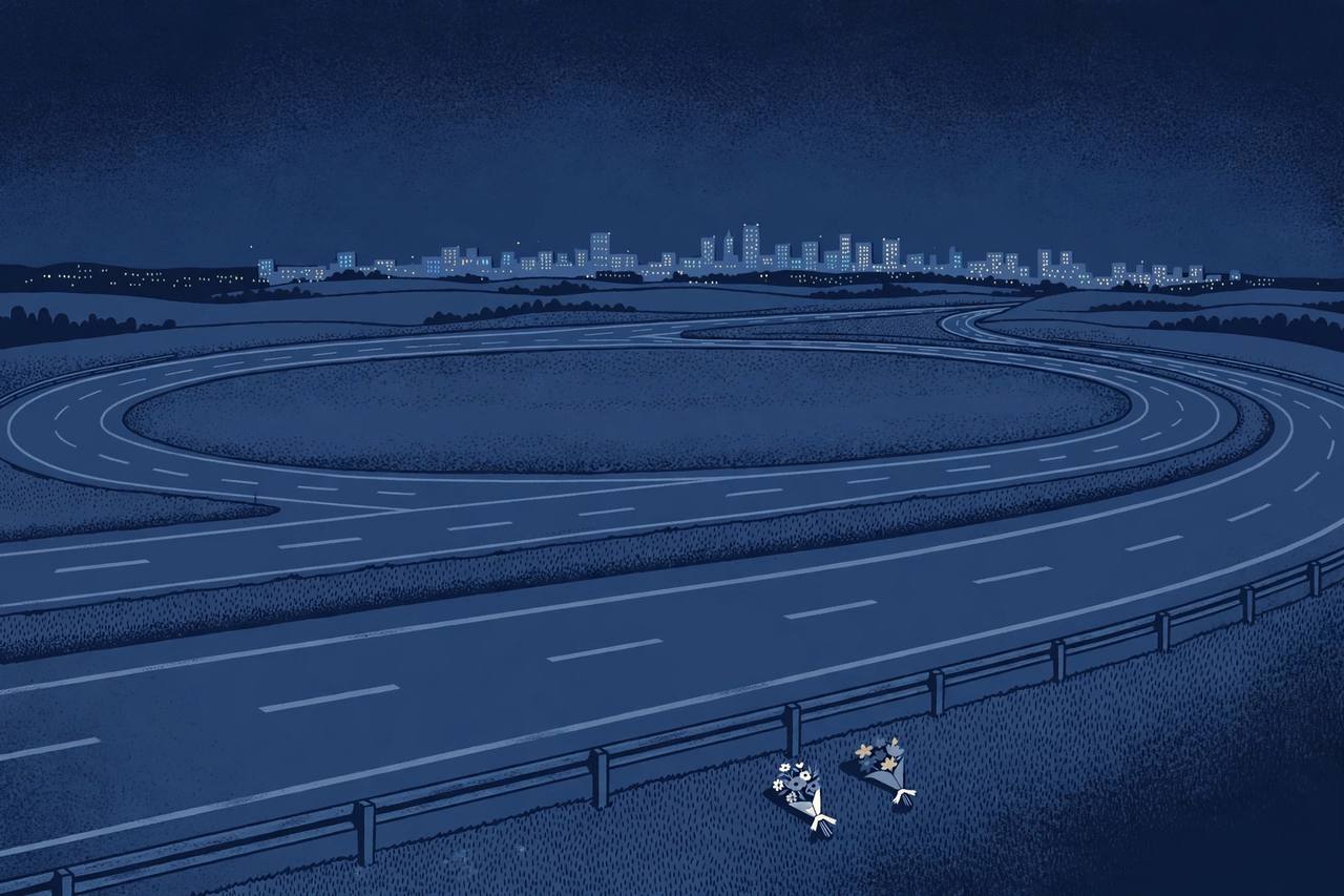 Editorial illustration of an empty divided interstate loop at night near a distant city skyline, with two small flower bouquets placed by a guardrail — the crash itself is not depicted