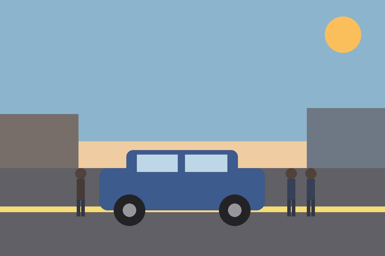 Editorial illustration of a car stopped on a city street with generic figures standing beside it, flat style, no real person depicted