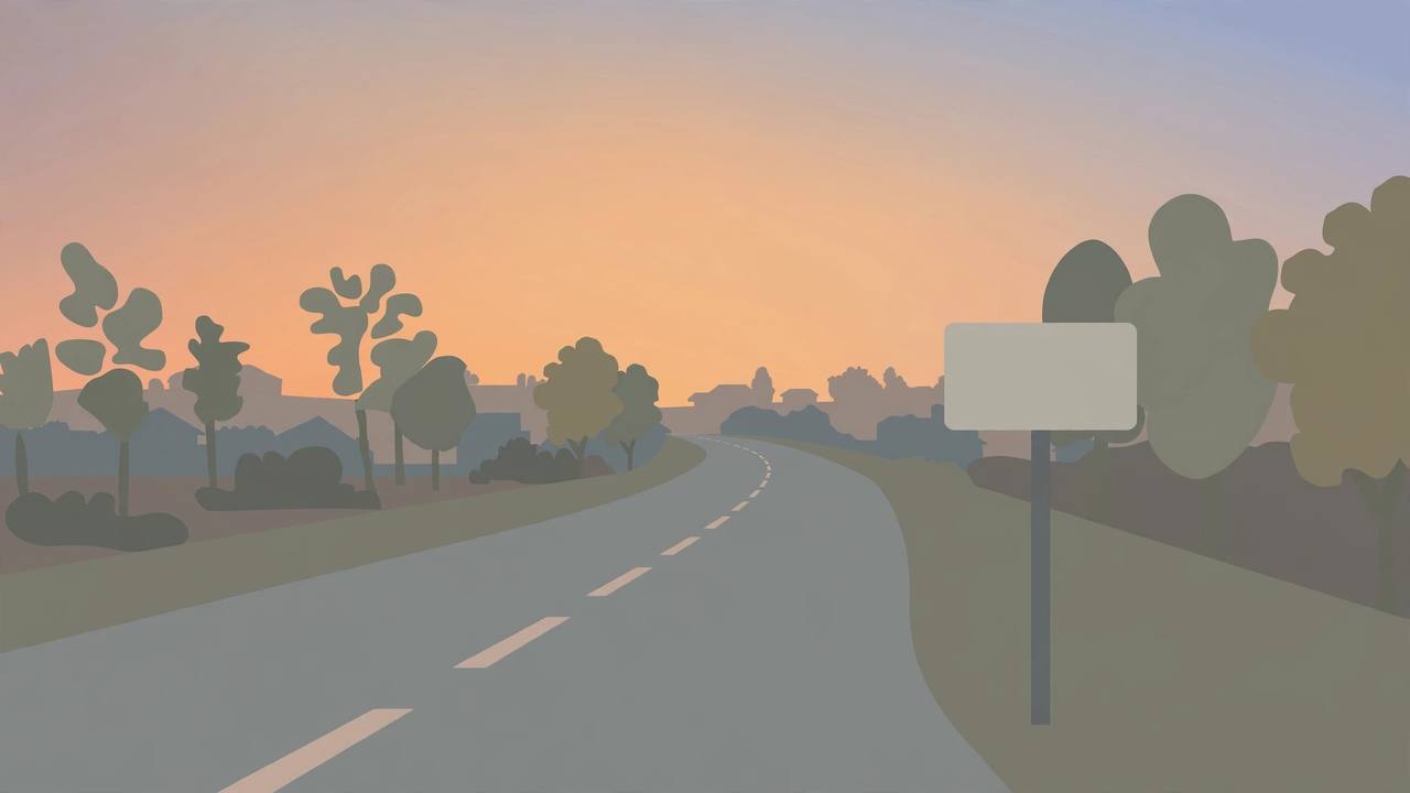 Editorial illustration of a quiet empty suburban road at dusk, flat style, no vehicles, no real person