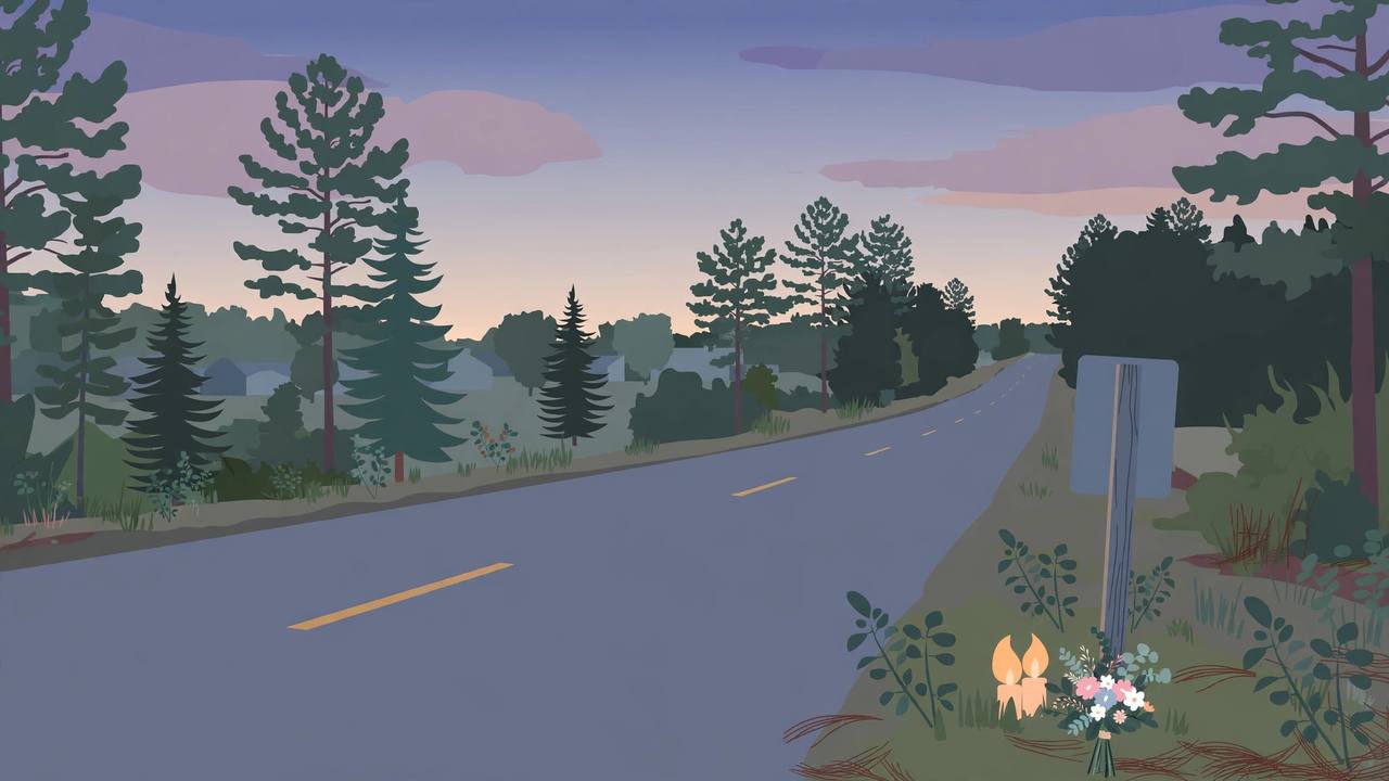 Editorial illustration of a quiet two-lane North Carolina road at dusk with a roadside memorial of candles and flowers, no vehicles or people shown