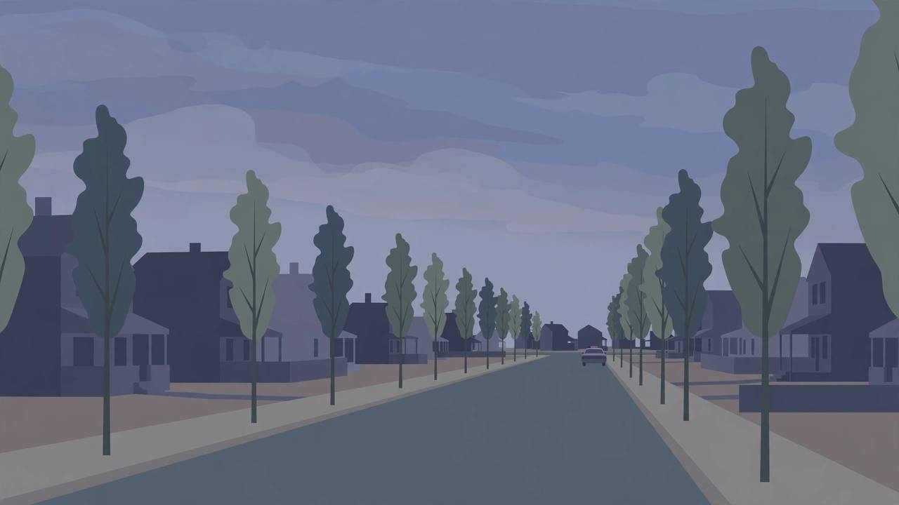 Editorial illustration of a quiet tree-lined residential street in Charlotte at dusk, no people and no vehicles in the foreground, flat style