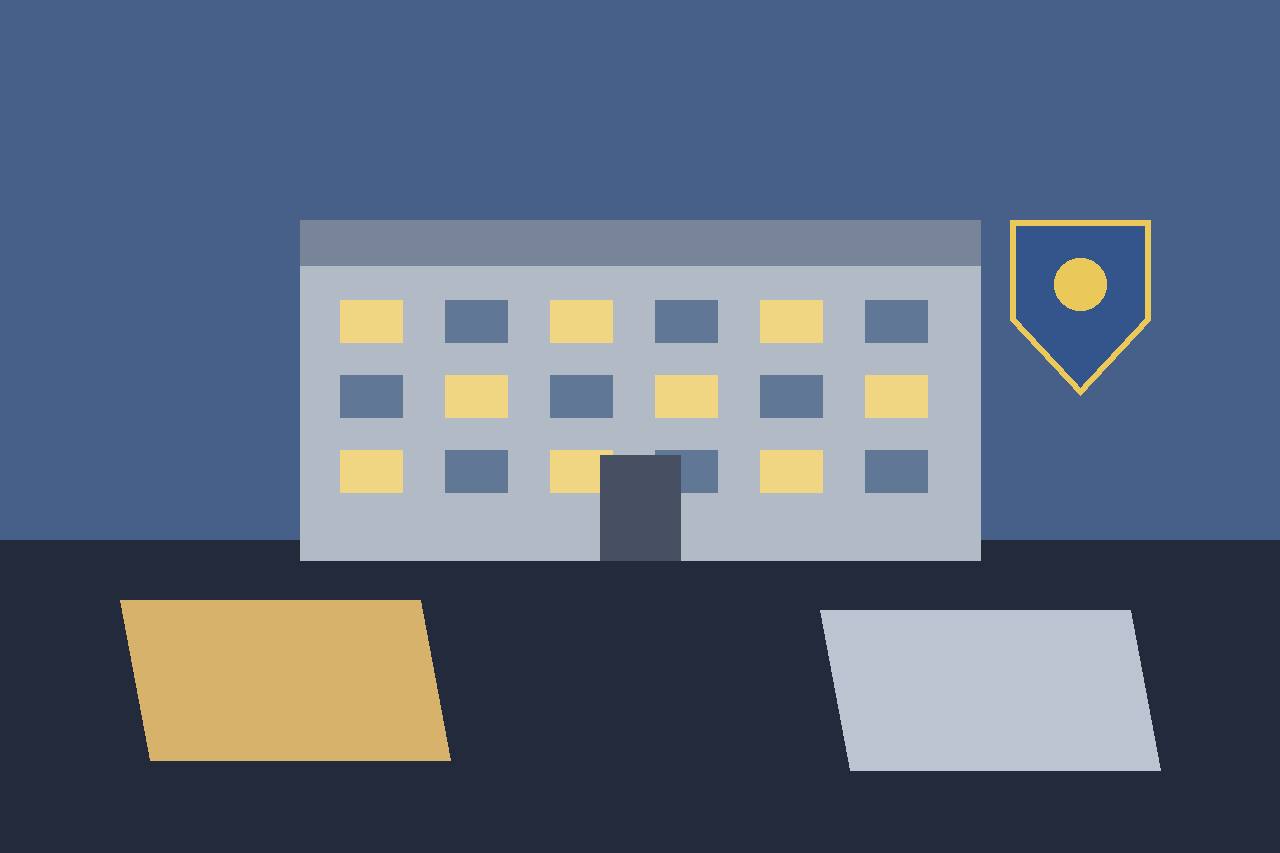 Editorial illustration of a generic city police headquarters building with review document folders and a blank shield, flat style, no real person depicted