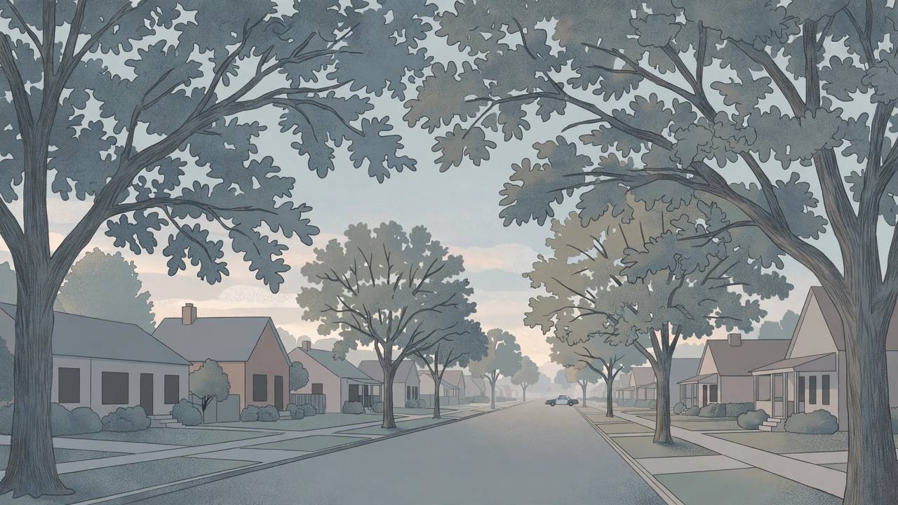 Editorial illustration of a quiet tree-lined residential street in Charlotte at dawn, with a distant police car — no people, no incident depicted, no real person's face