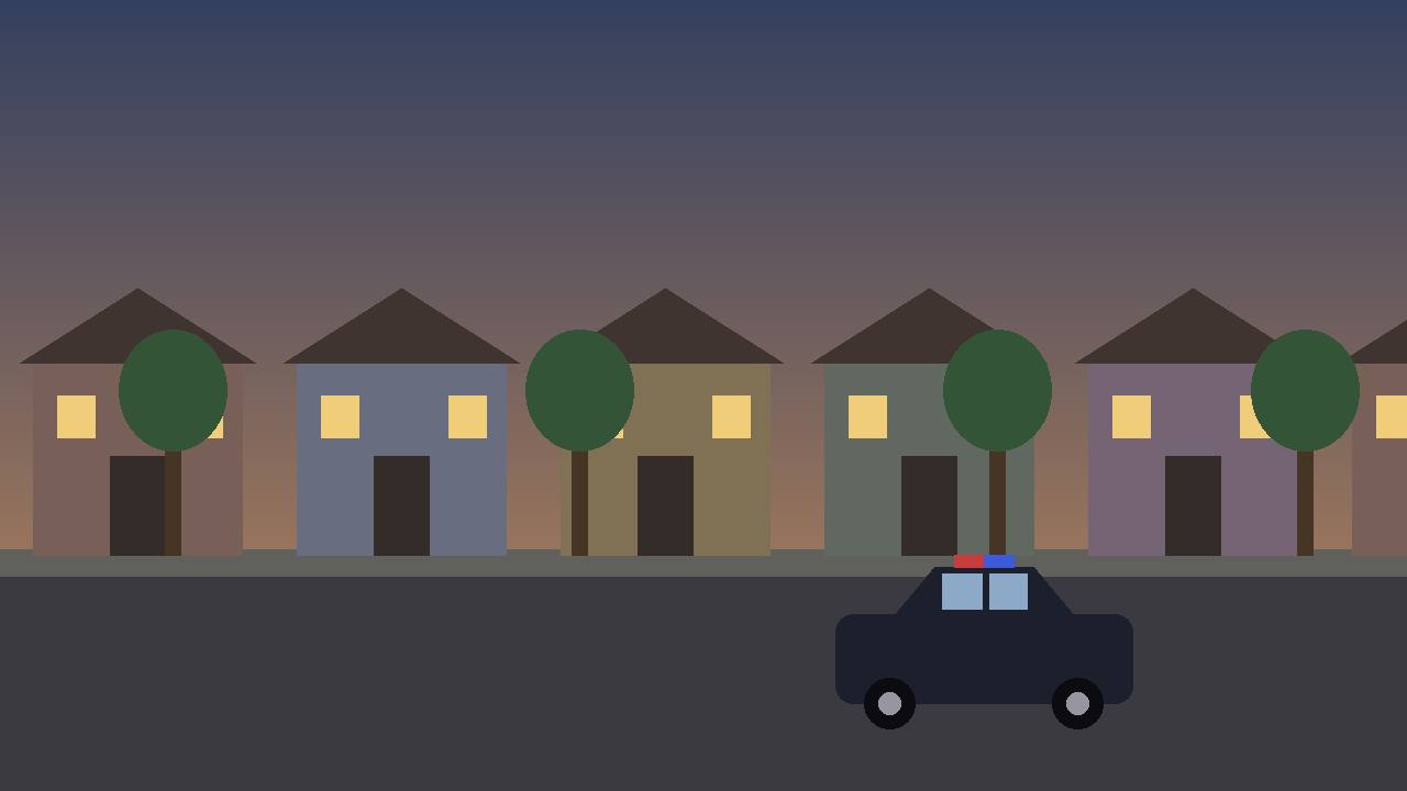 Editorial illustration of a quiet residential street in Charlotte's Steele Creek area at dusk with a distant patrol car; the shooting itself is not depicted