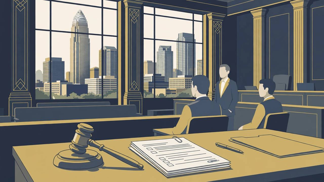 Editorial illustration of a Charlotte, North Carolina courtroom with a gavel, loan documents on a desk and the Charlotte skyline through the windows