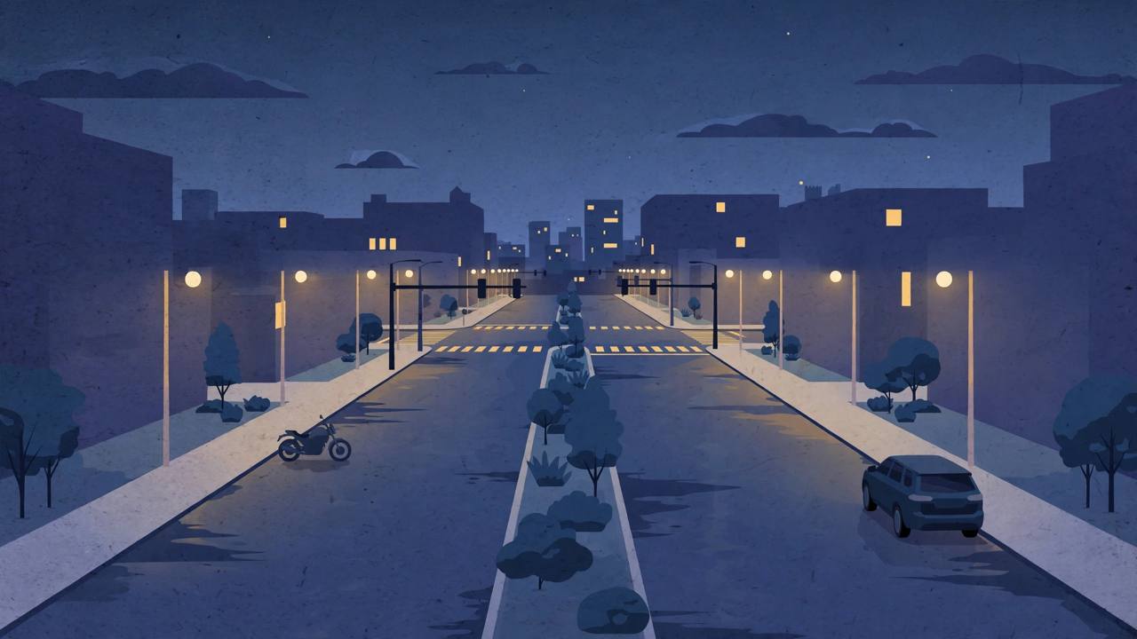 Editorial illustration of a quiet Charlotte boulevard at night under streetlights, flat style, no crash depicted and no person depicted