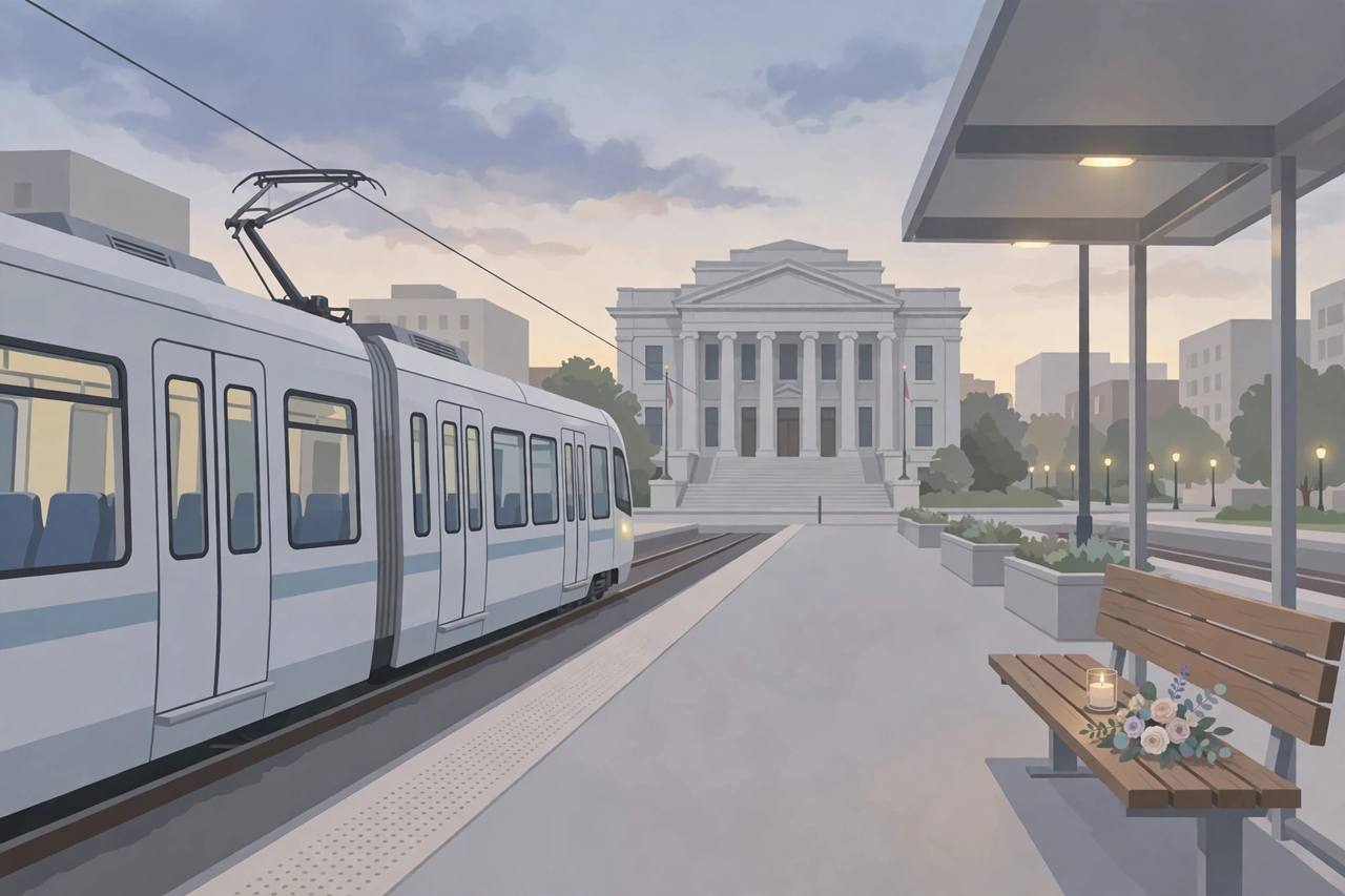 Editorial illustration of a quiet Charlotte light-rail station at dusk with a candle and flowers on a bench and a courthouse in the background