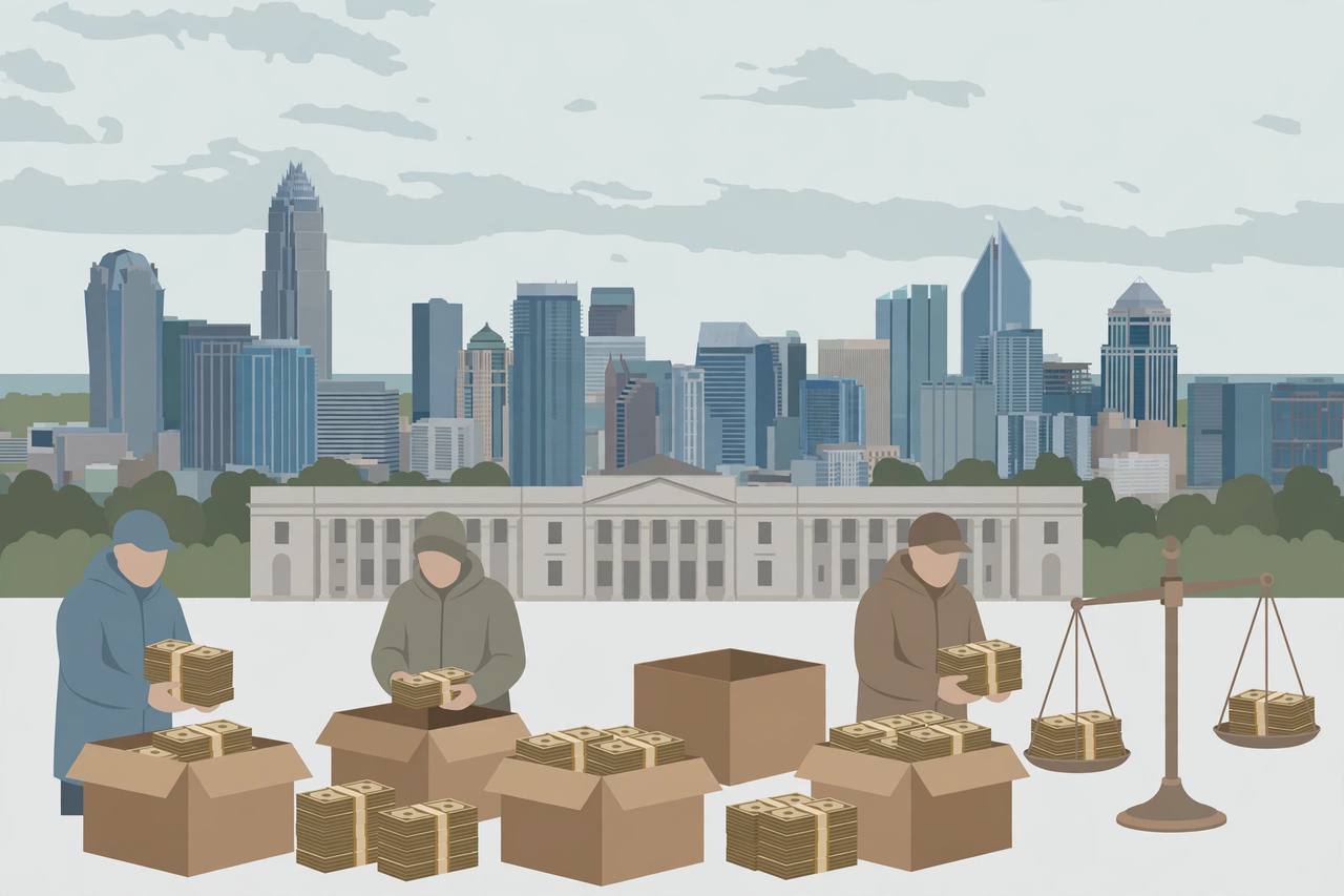 Editorial illustration of a generic Charlotte, North Carolina courthouse and skyline with stacks of bulk cash and plain shell-company boxes in the foreground, flat style, no people, no text