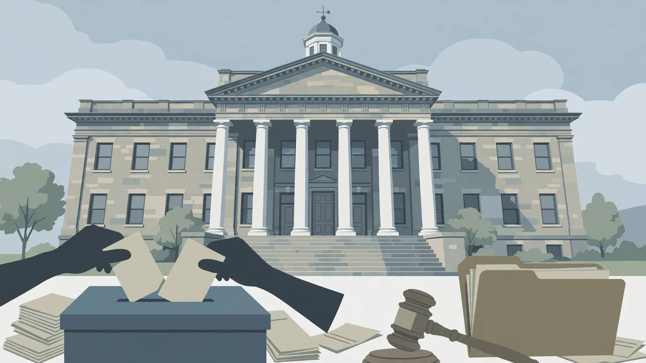 (Editorial illustration) A columned courthouse behind a ballot box with paper ballots being inserted, a judge's gavel and an indictment folder in the foreground.