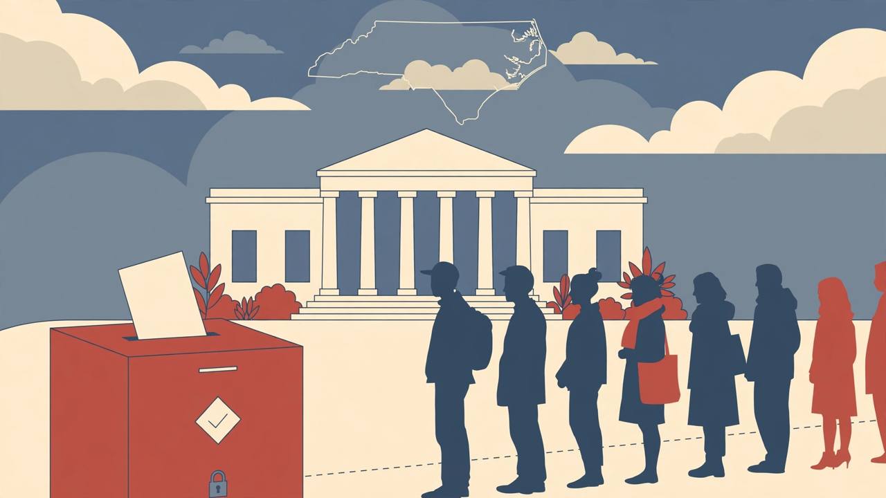 Editorial illustration of a ballot box and blank ballot card in front of a US federal courthouse with generic silhouetted voters, no real person's likeness