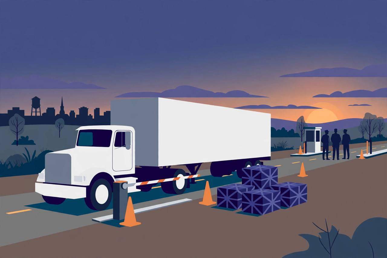 Editorial illustration of a white tractor-trailer at a highway inspection area at dusk with sealed crates beside it and a city skyline in the distance, generic silhouetted figures