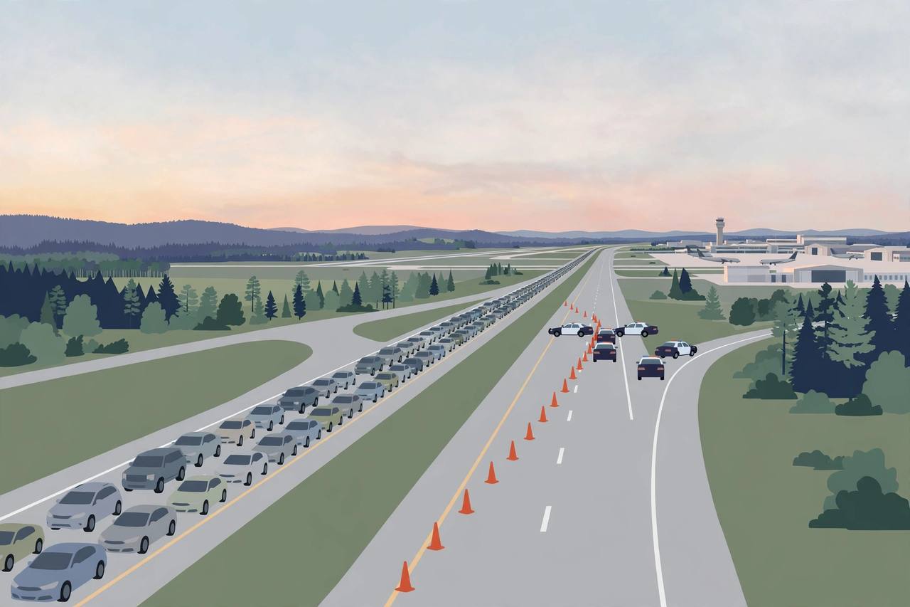 Editorial illustration of Interstate 40 eastbound near Durham at dawn with lanes closed; the crash itself is not depicted