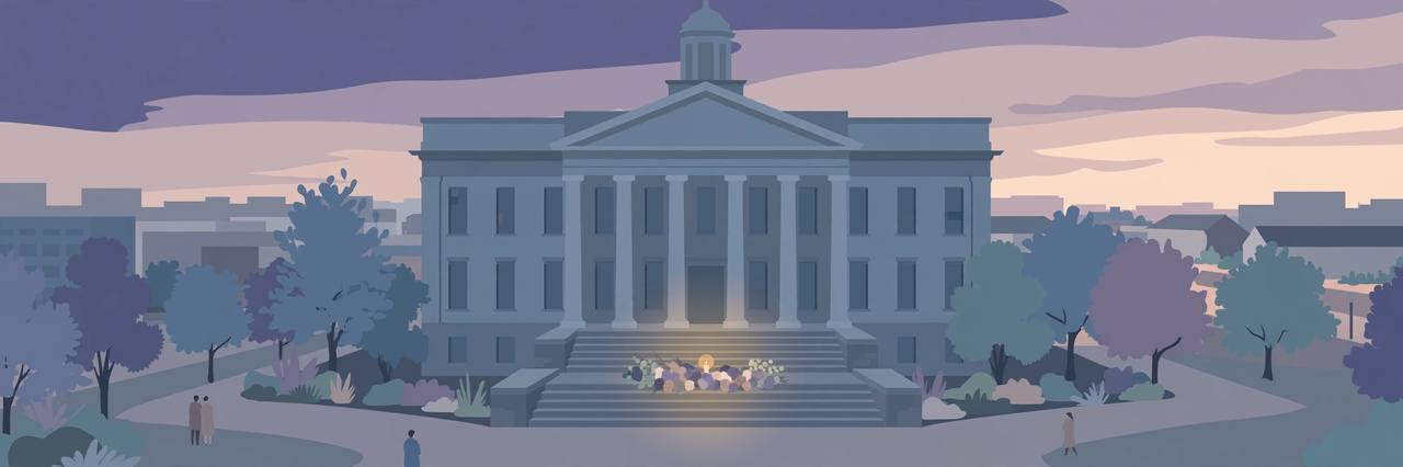 Editorial illustration of a generic North Carolina courthouse at dusk with flowers and a candle on the steps in memory