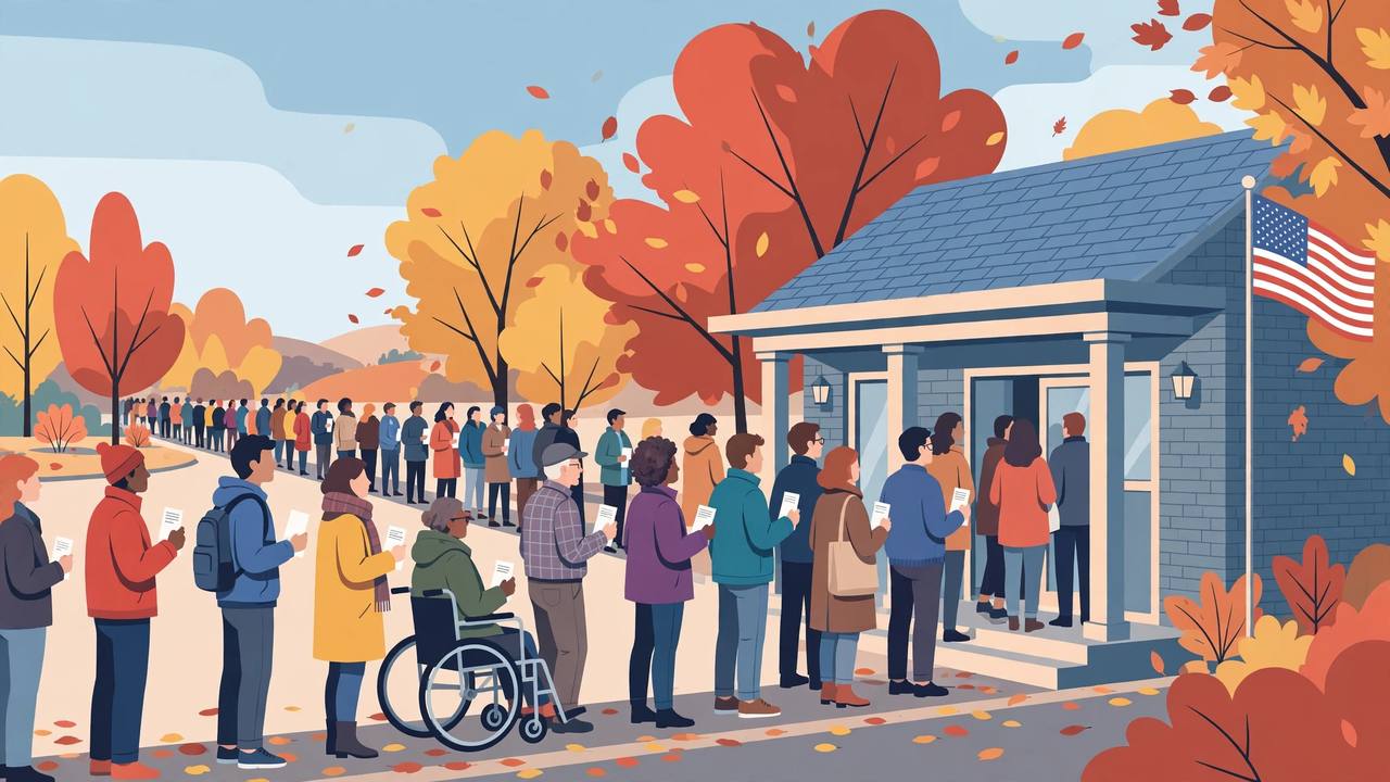 Editorial illustration of a long queue of generic voters outside a small polling place in autumn, flat style, no real person depicted