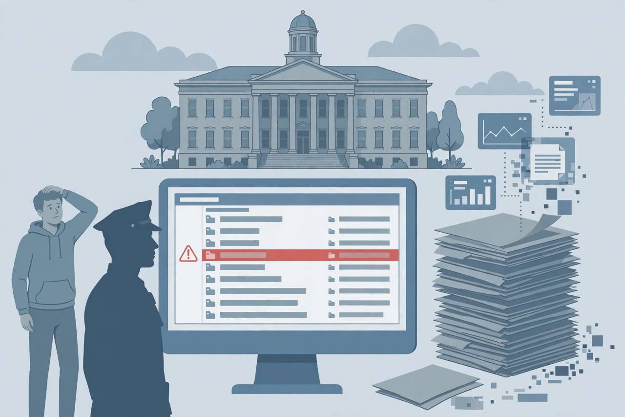 Editorial illustration of a North Carolina courthouse, a computer warrant database with a highlighted warning entry, and generic figures beside paper court files
