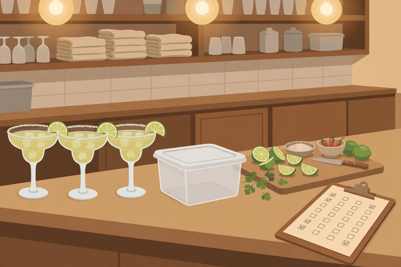 Editorial illustration of a restaurant bar counter with margarita glasses and an unmarked container beside food preparation items