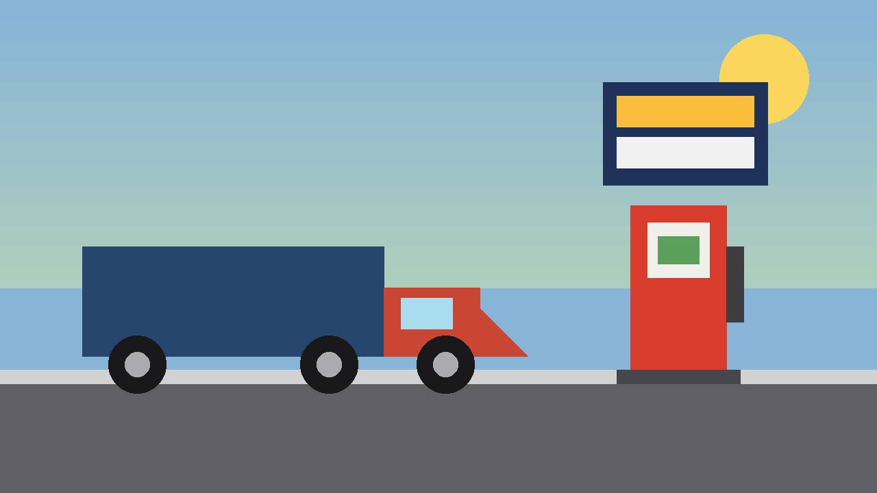 Editorial illustration of a generic semi truck at a fuel pump under a blank price board, flat style, no people, no text