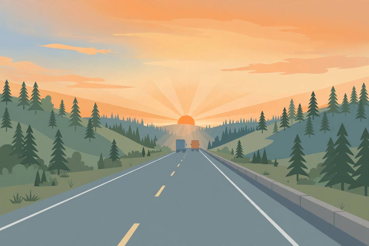Editorial illustration of a generic interstate highway at dawn with two generic semi trucks in the distance, flat style, no crash depicted, no real person, no text