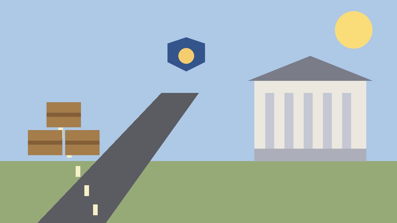 Editorial illustration of a highway corridor between generic crates and a courthouse with a shield badge, flat style, no text, no real person or place depicted