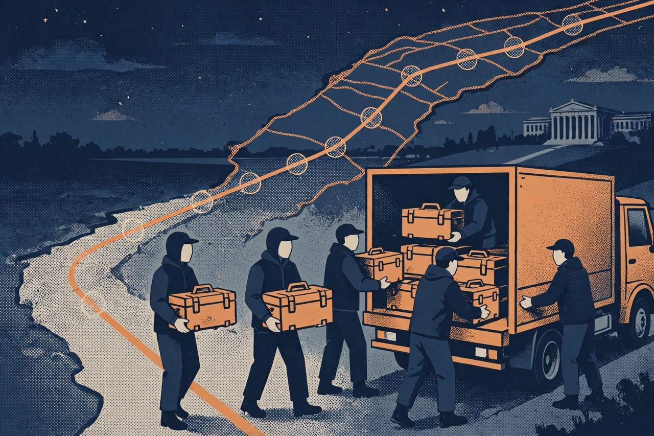 Editorial illustration of generic faceless figures loading unmarked crates onto a truck at night with a road line from North Carolina toward Washington DC, flat style, no text, no real person's face