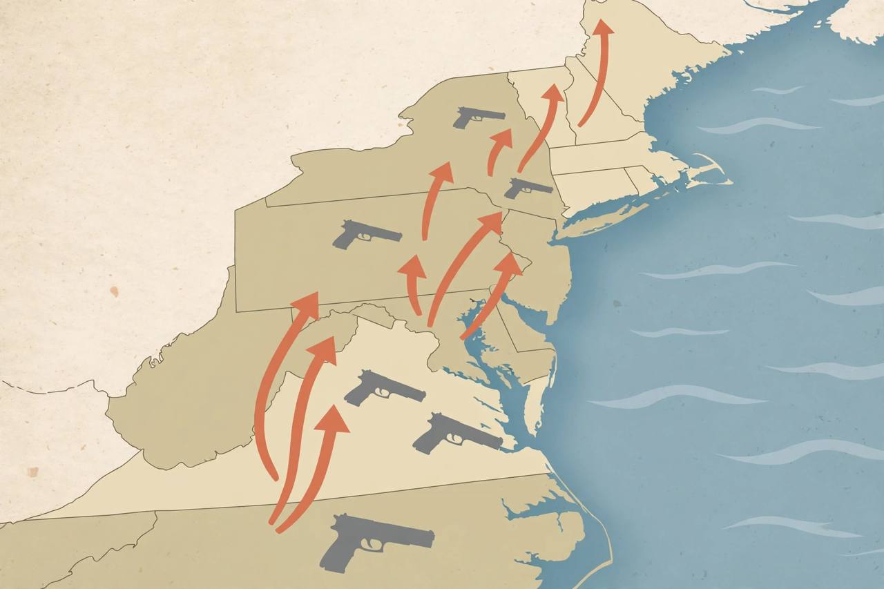 Editorial illustration of generic handguns on a map of the US East Coast with arrows running north from North Carolina, flat style, no text, no real person depicted
