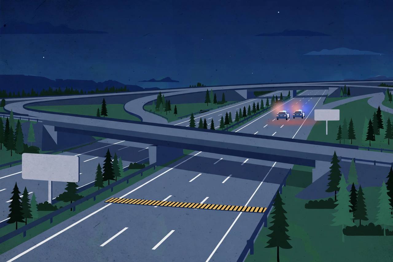 Editorial illustration of a nighttime interstate highway interchange with two police patrol cars with soft glowing lights in the distance, a stop-stick strip across one lane and pine trees along the roadside, flat style, no people, no wreckage, no text and no real person's face