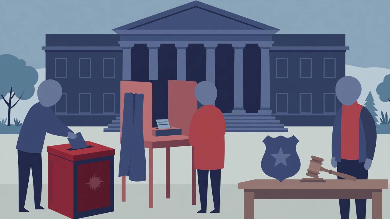 Editorial illustration of a ballot box and voting booth in front of a generic American courthouse in North Carolina, with a gavel nearby