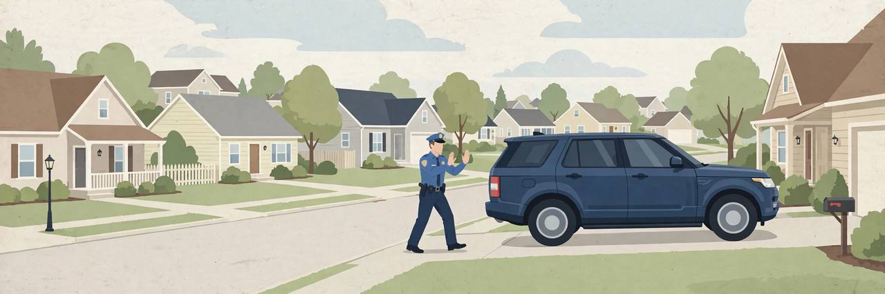 Editorial illustration of a generic SUV stopped in a Huntersville residential driveway with a generic officer stepping back, flat style, no real persons, no crash