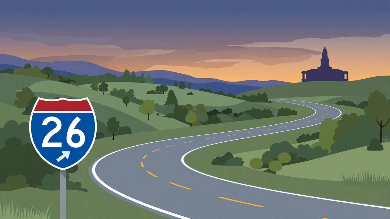 Editorial illustration of an Interstate 26 sign and an empty highway through green Buncombe County hills at dusk, with no vehicles or crash shown