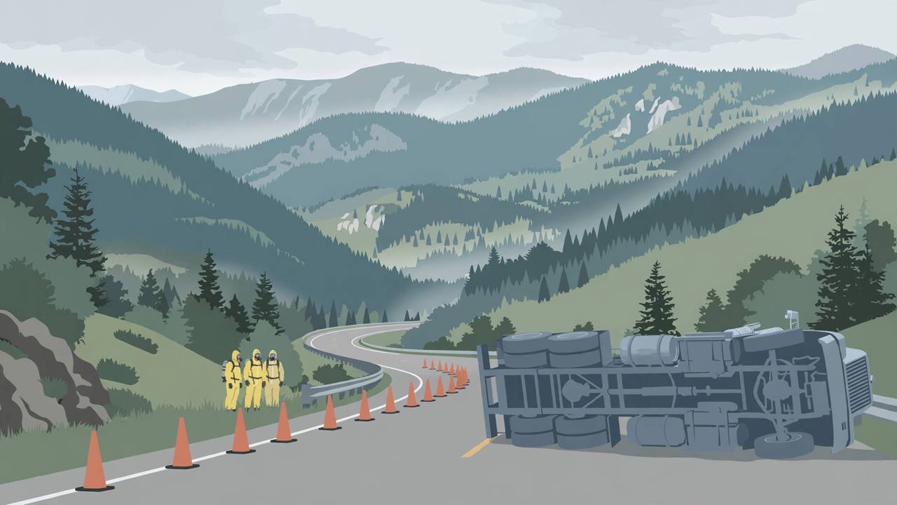 Editorial illustration of an overturned tractor-trailer on a mountain interstate in North Carolina, with a hazmat crew in yellow protective suits standing behind orange cones closing the lanes