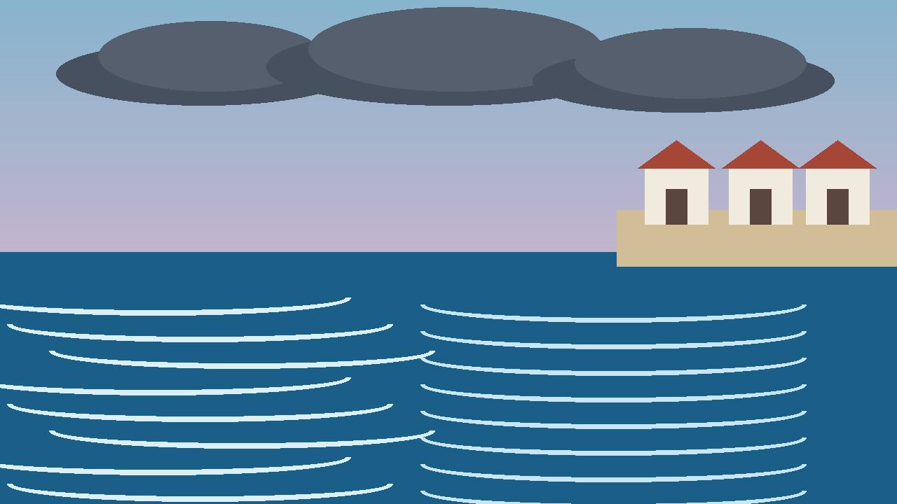 Editorial illustration of a generic coastline with waves, storm clouds and shoreline houses, flat style, no people, no text, no real place depicted
