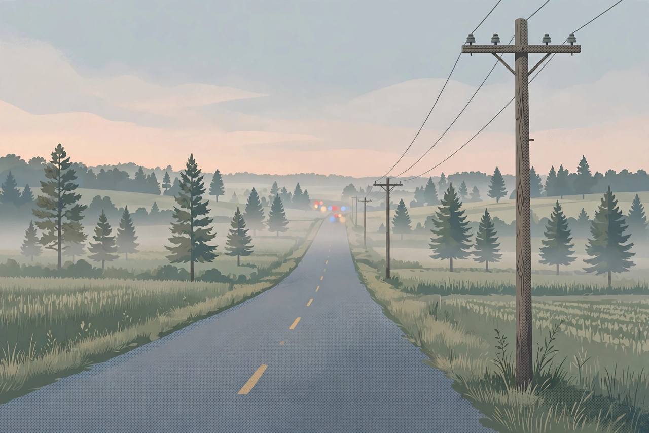 Editorial illustration of a quiet rural North Carolina road at dawn, flat style, no crash depicted, no real person depicted