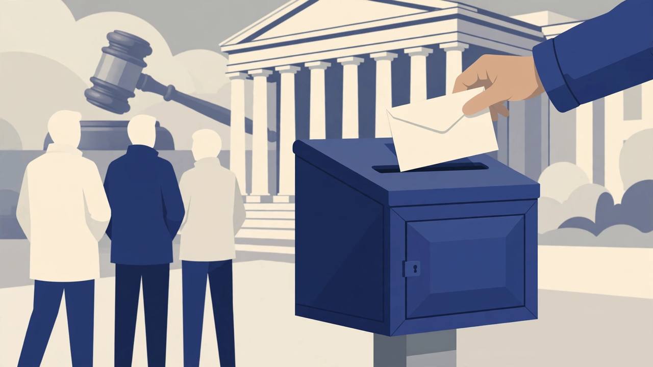 Editorial illustration of a hand placing a sealed mail ballot envelope into a ballot box in front of a courthouse