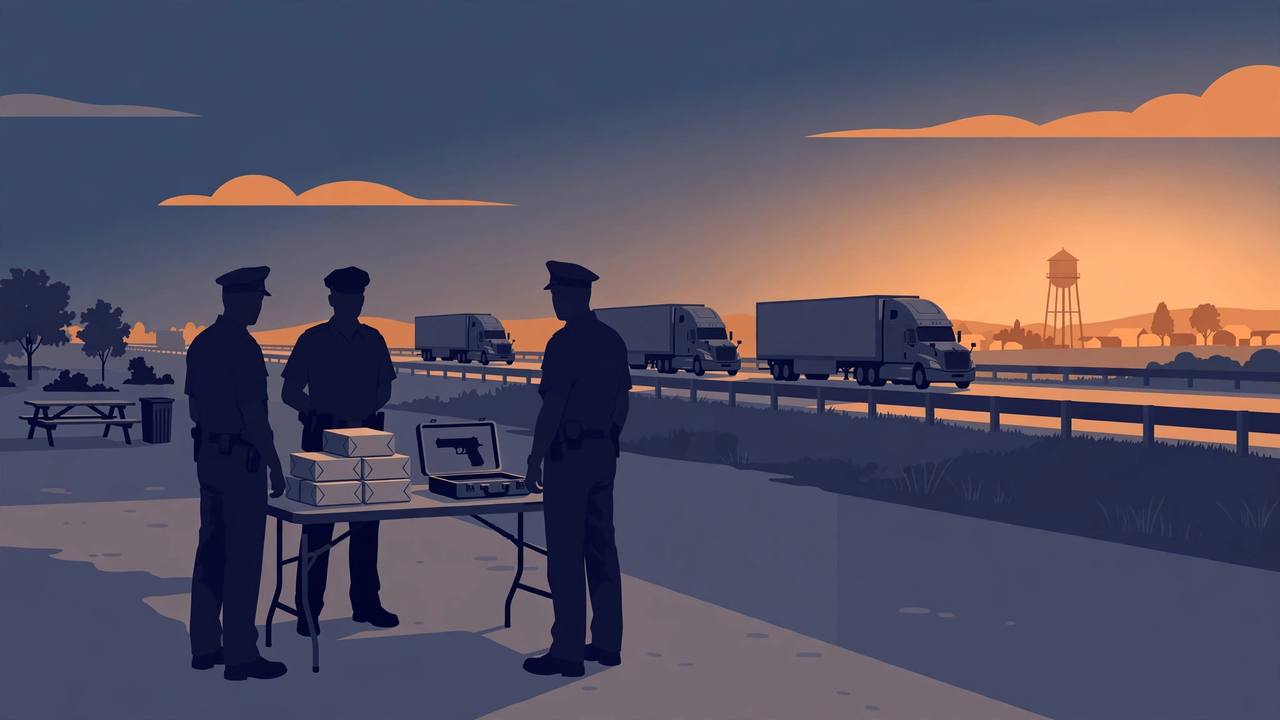 Editorial illustration of officers beside stacked evidence packages at a highway travel stop at dusk, with semi trucks on the interstate behind them