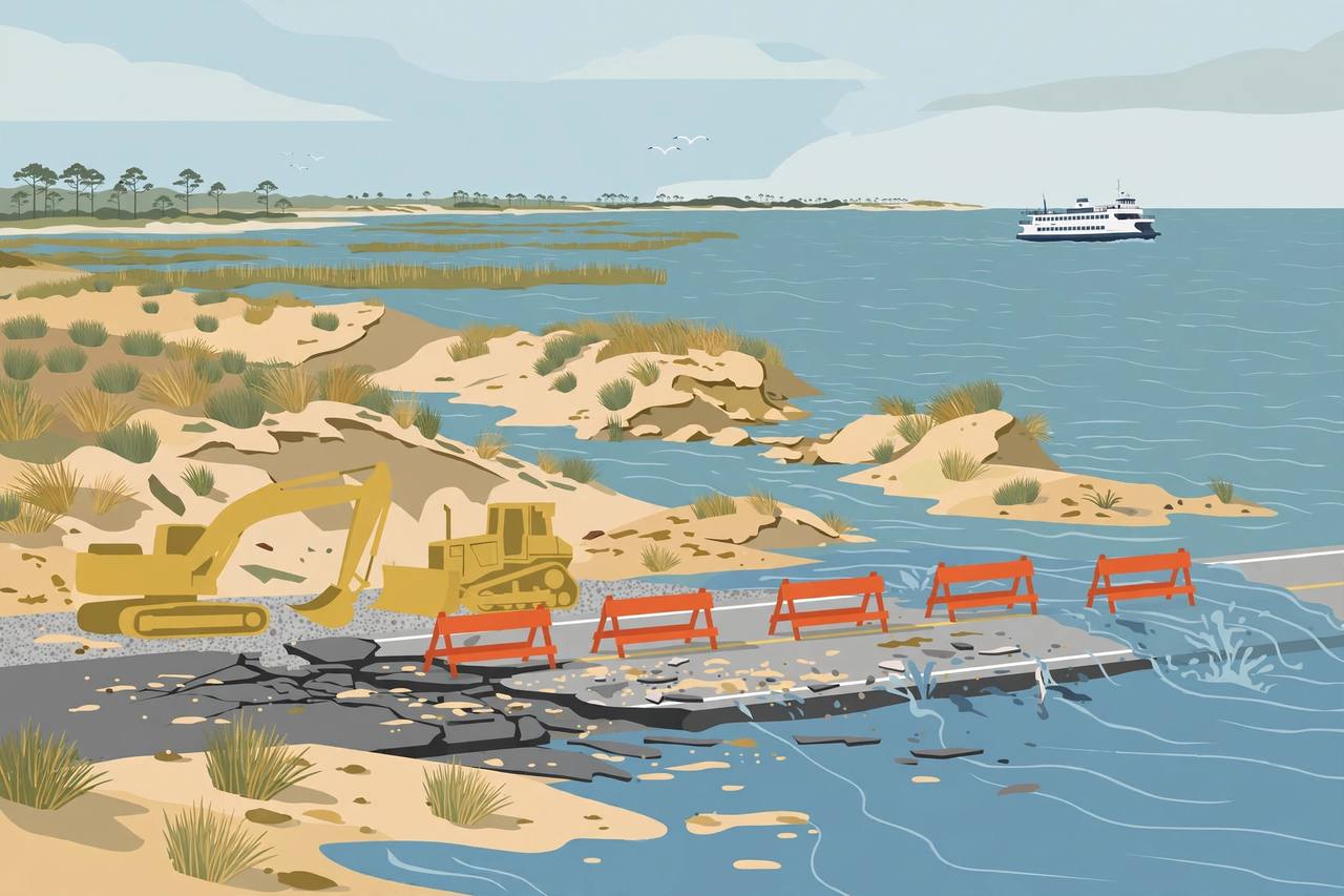Editorial illustration of a coastal North Carolina highway with sand dunes, ocean overwash, barricades, construction equipment and a ferry, flat style, no real person depicted