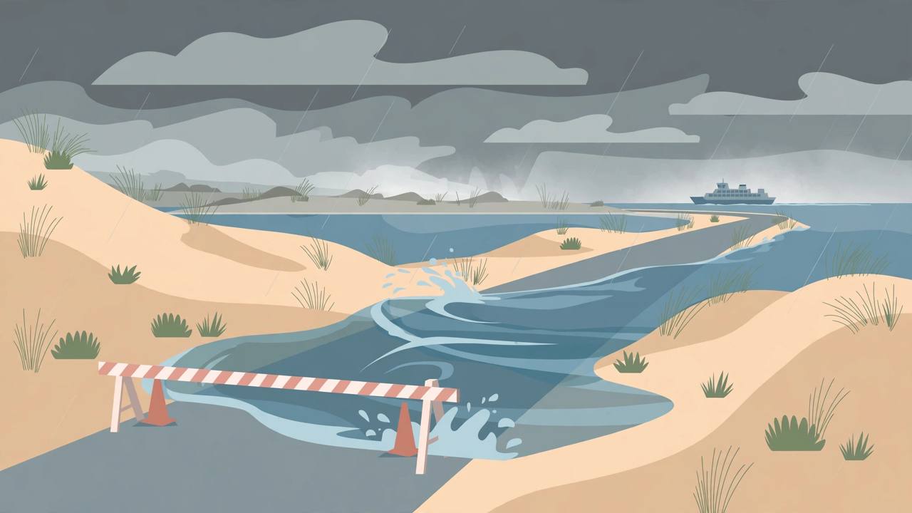 Editorial illustration of a narrow barrier-island highway with ocean water washing over a closed stretch, sand dunes and a ferry in the distance under a stormy sky, flat style, no people and no text — no actual place or person is depicted