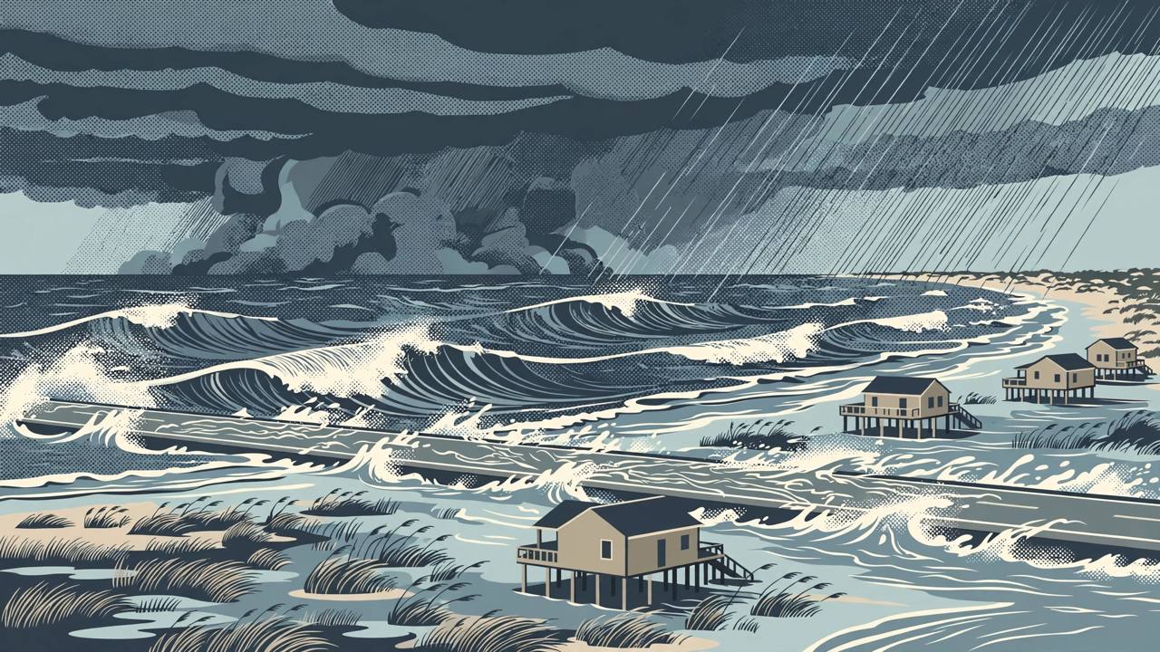 Editorial illustration of a powerful offshore nor'easter sending large waves over a coastal highway on North Carolina's Outer Banks, with stilt houses and a flooded shoreline